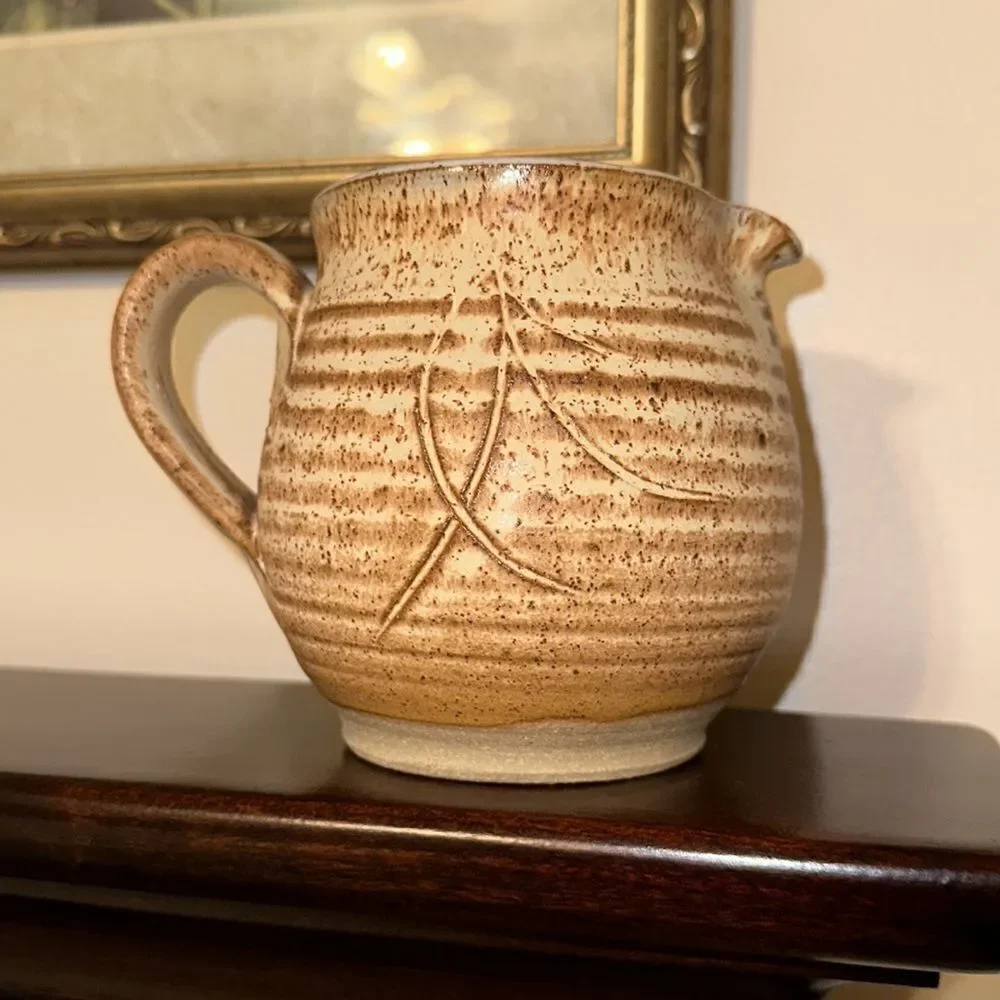 Vintage Handmade Pottery Milk or Cream Light Brown Cream in Color Mid Size Jug